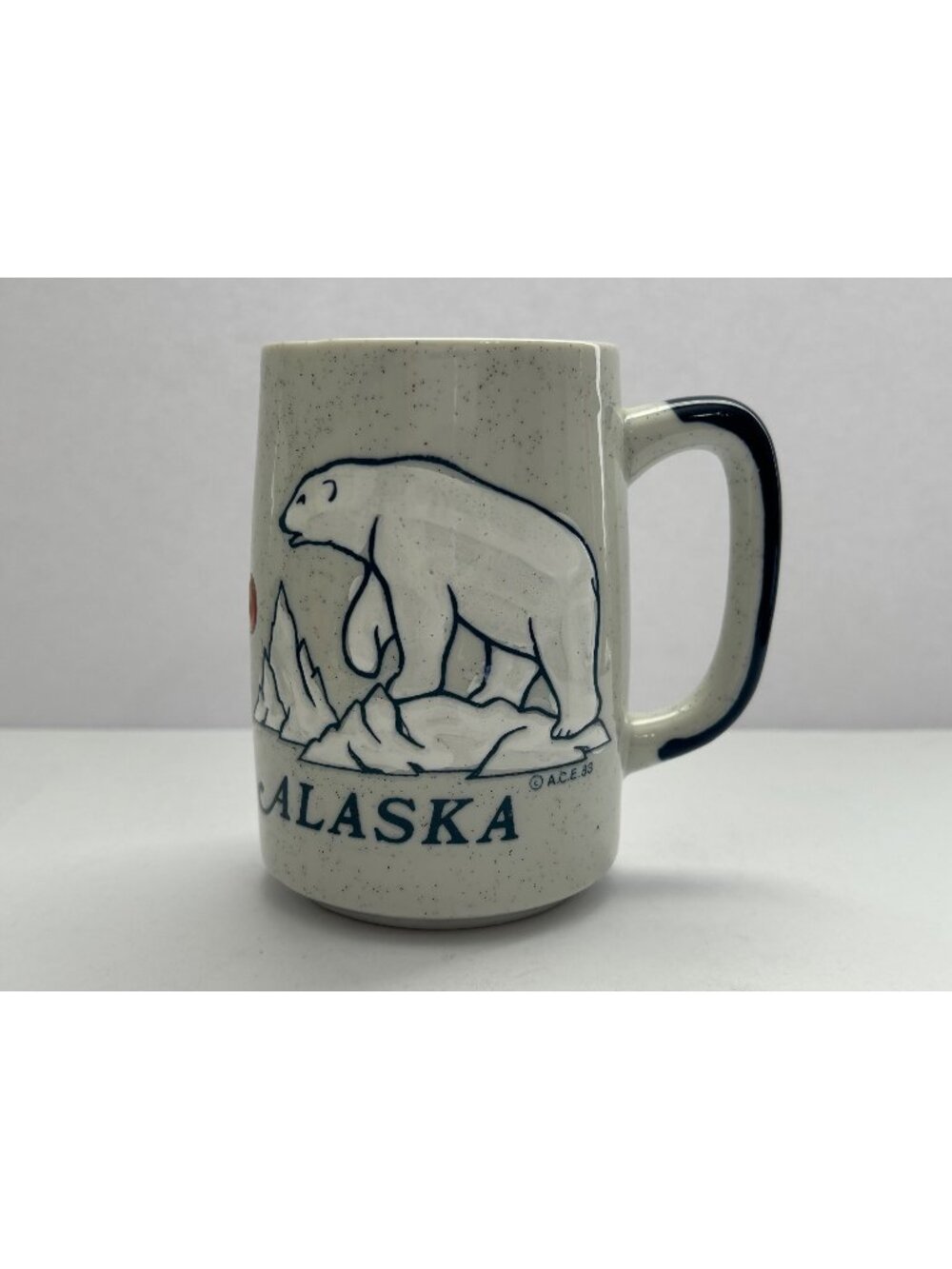 Vintage Alaska Coffee Mug Polar Bear Speckled White Blue 1983 ACE Japan Retro